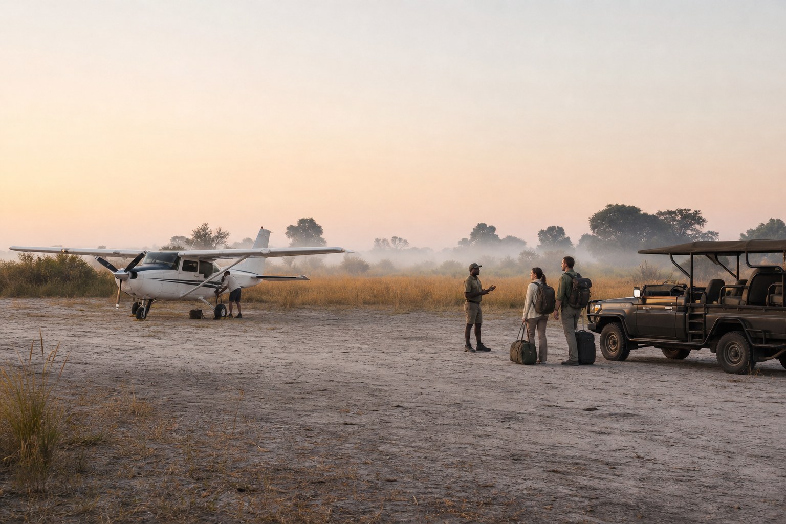 Gut organisierter Fly-in-Transfer zwischen Buschflugzeug und Safarifahrzeug in Botswana