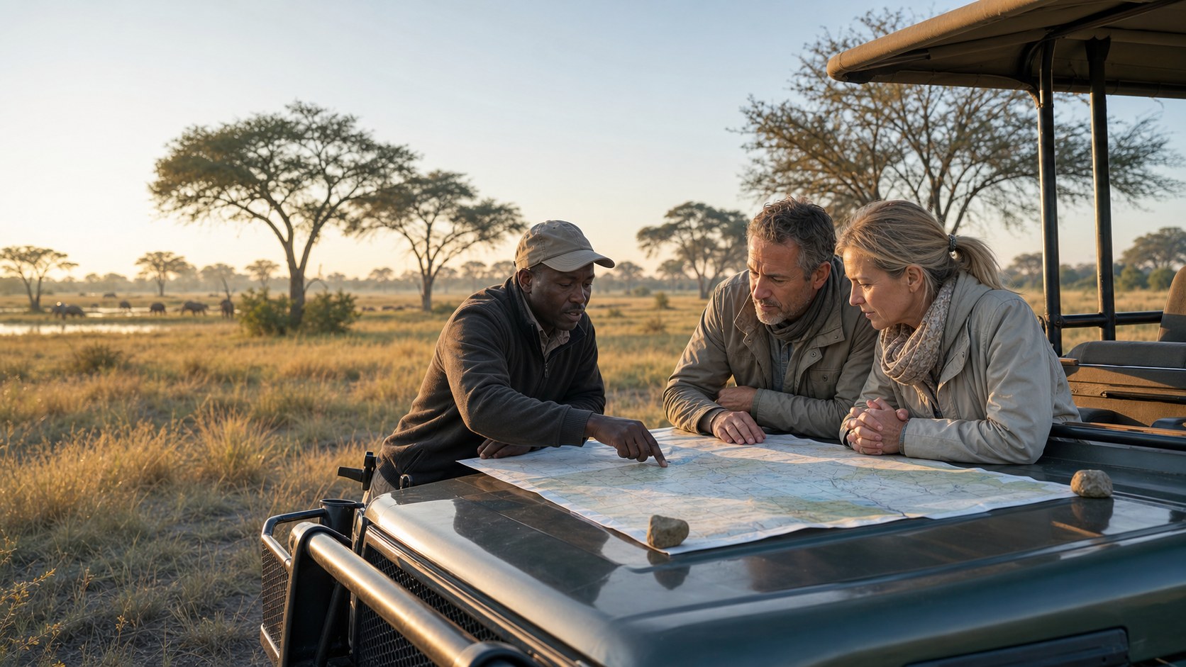 Persönliche Planung einer individuellen Safari in Afrika mit Guide und Reisenden an einer Routenkarte