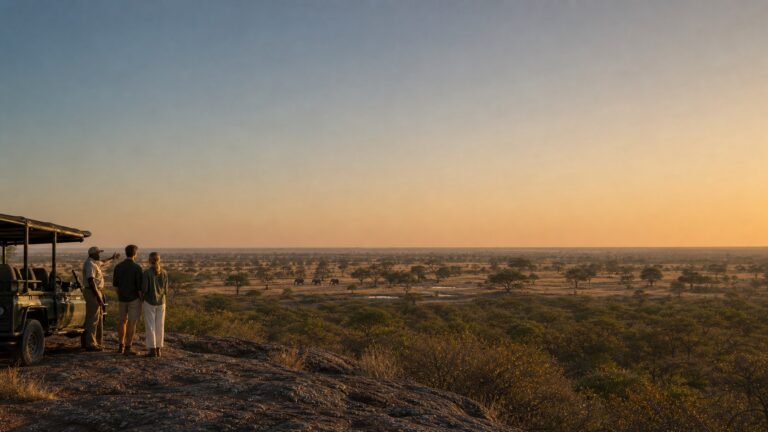 Paar mit persönlichem Safari-Guide an einem Aussichtspunkt in Botswana bei Sonnenaufgang