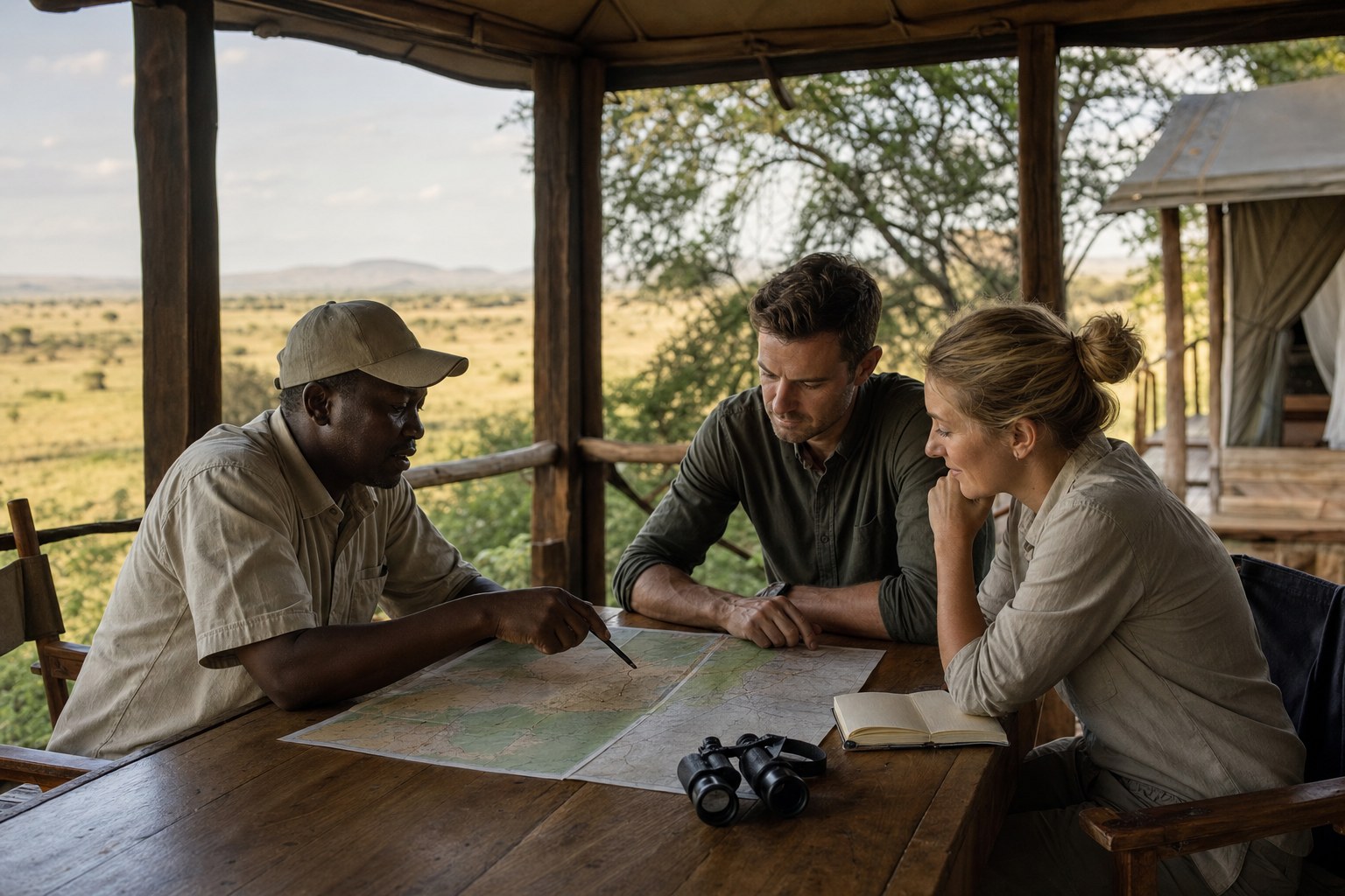 Safari-Guide bespricht mit Reisenden eine individuell geplante Route in einem kleinen Camp in Tansania