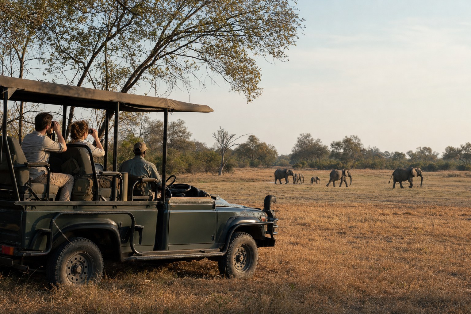 Privates Safarifahrzeug beobachtet eine Elefantenfamilie mit respektvollem Abstand in Botswana